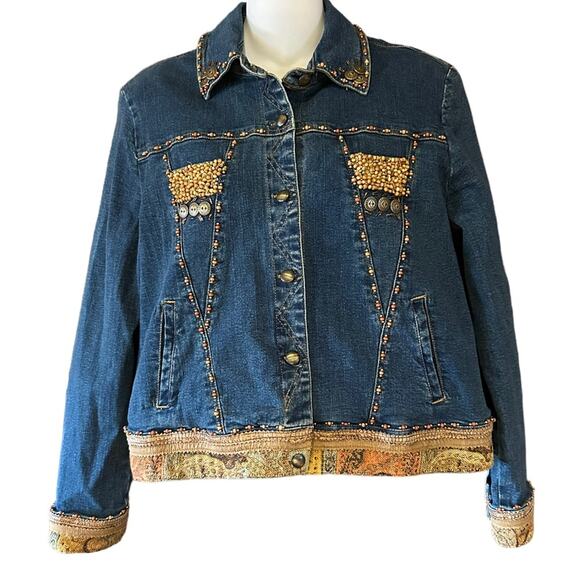City Girl Women's Medium Bohemian Style Denim Jacket with Beads and Trim - Picture 1 of 7